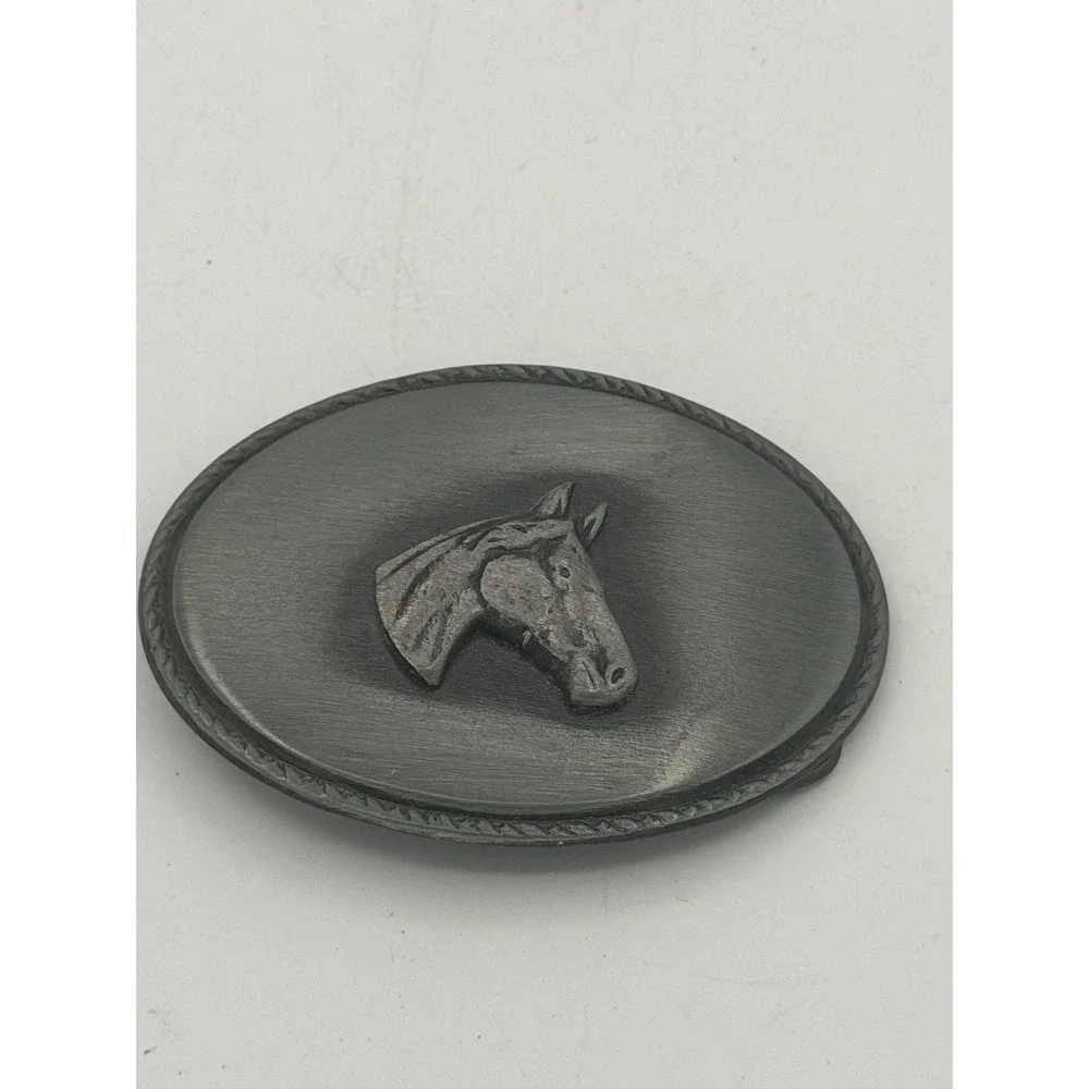 Vintage Western Pewter Horse Head Belt Buckle Oval Brushed Metal Equestrian